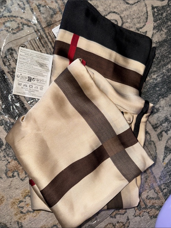 Accessories - Fashion Silky Beige & Brown Plaid Scarf with Red Accent